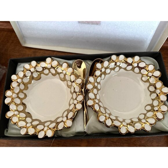 Hi Luxe Japan Designer Range 2 Pc Bowl Spoon Set White Gold Trim Tableware NOS - Picture 2 of 8